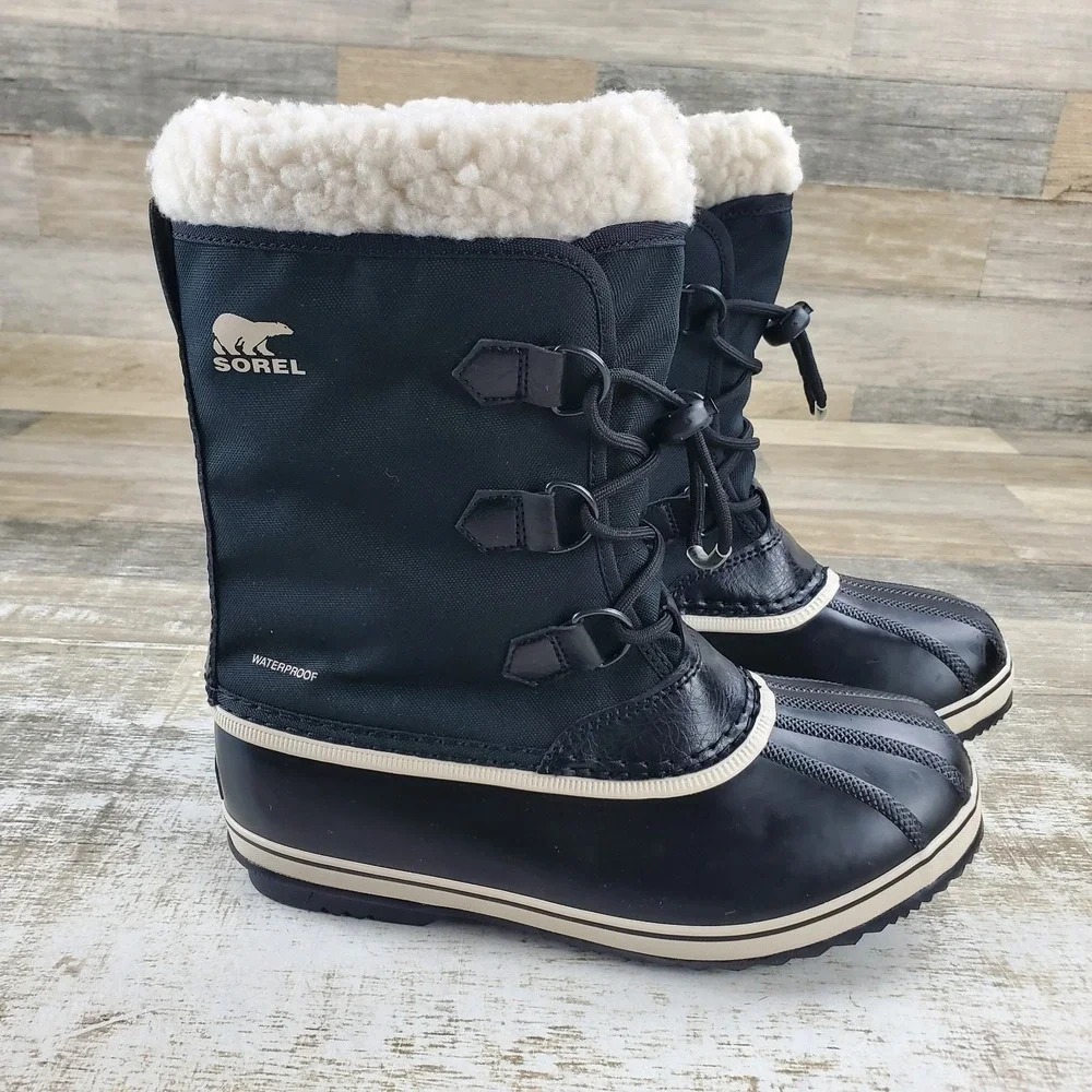 Sorel Yoot Pac Nylon Youth Winter Waterproof Boots Sz 6 Black Leather Shearling